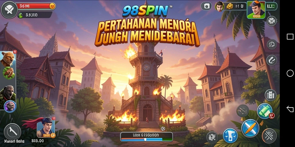 Screenshot gameplay 98SPIN menampilkan menara bersinar di medan perang.