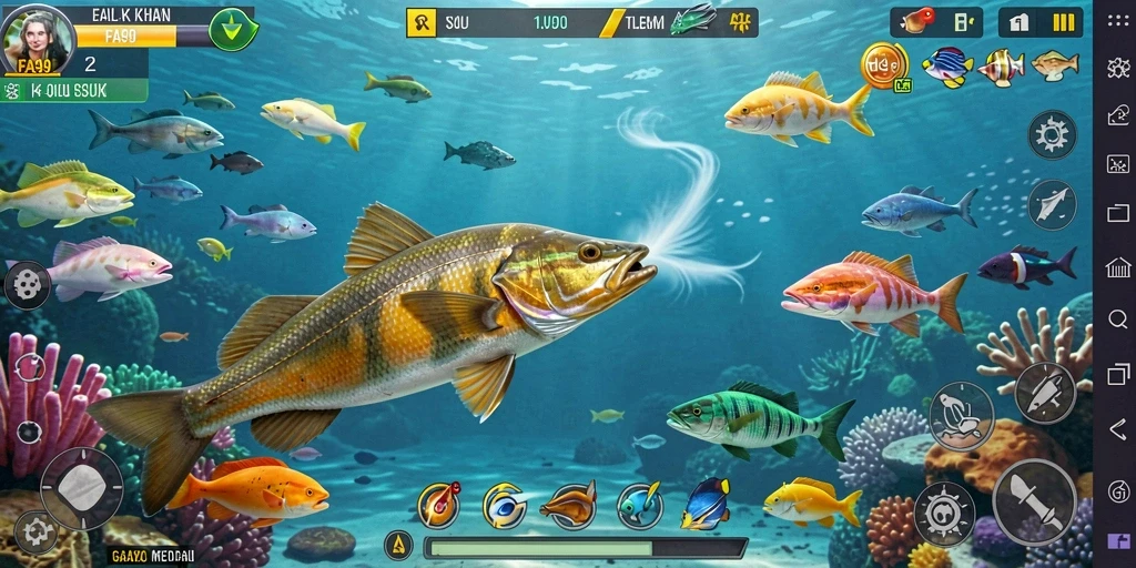 Screenshot menunjukkan gameplay seru saat menangkap ikan di FA99.