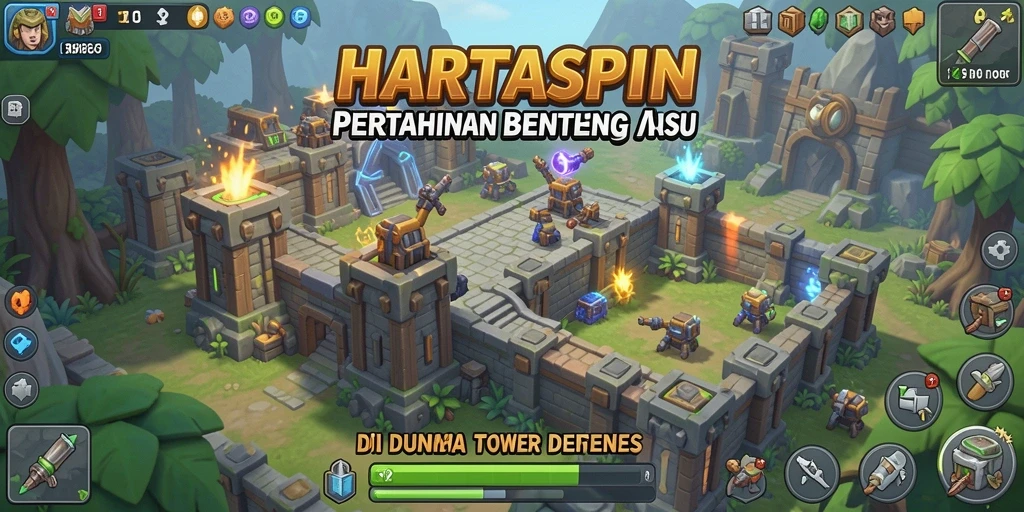 Tampilan seru gameplay HARTASPIN di dunia Tower Defense.