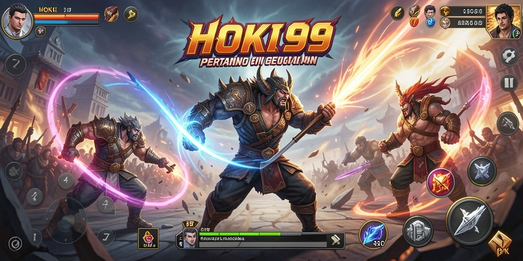 Tampilan pertarungan epik di HOKI99 dengan karakter yang beraksi.
