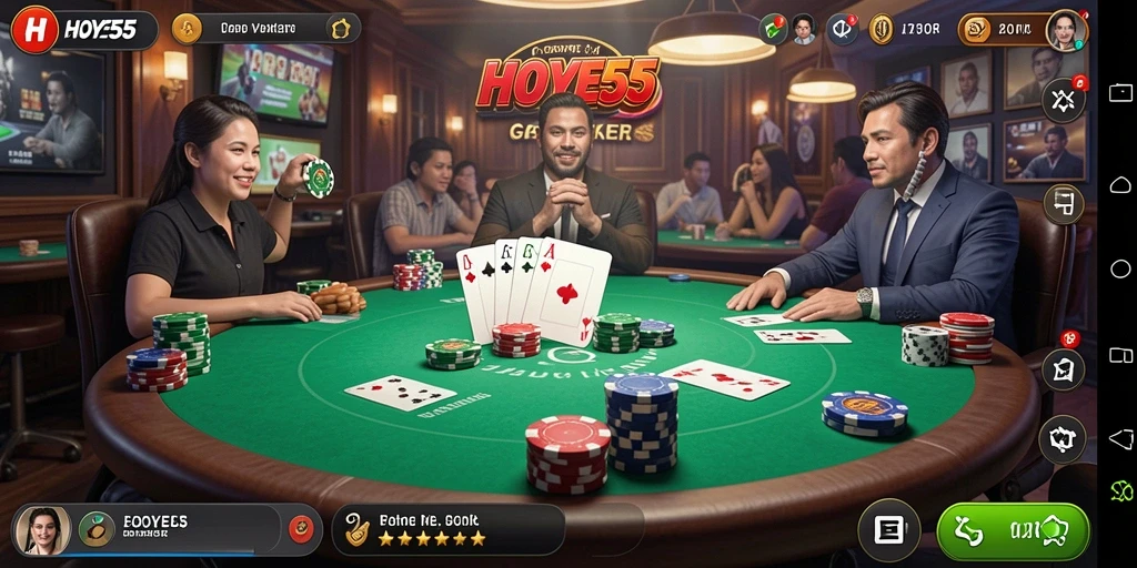 Tampilan gameplay poker yang seru dan interaktif di HOYE55.