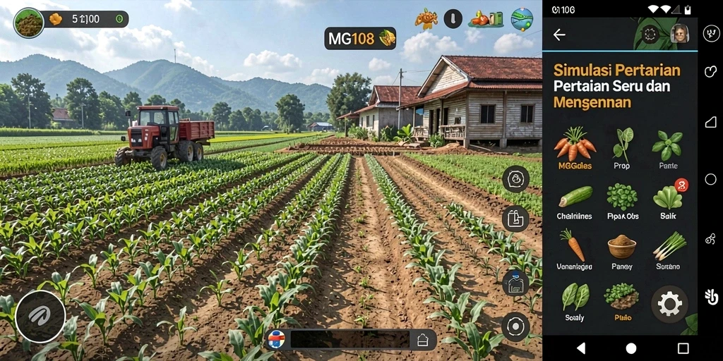 Screenshot utama MG108 menampilkan pemain yang sedang merawat tanaman di ladang.