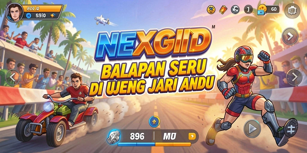 Tampilan aksi balap seru dalam NEXGID dengan mobil kustom yang keren.