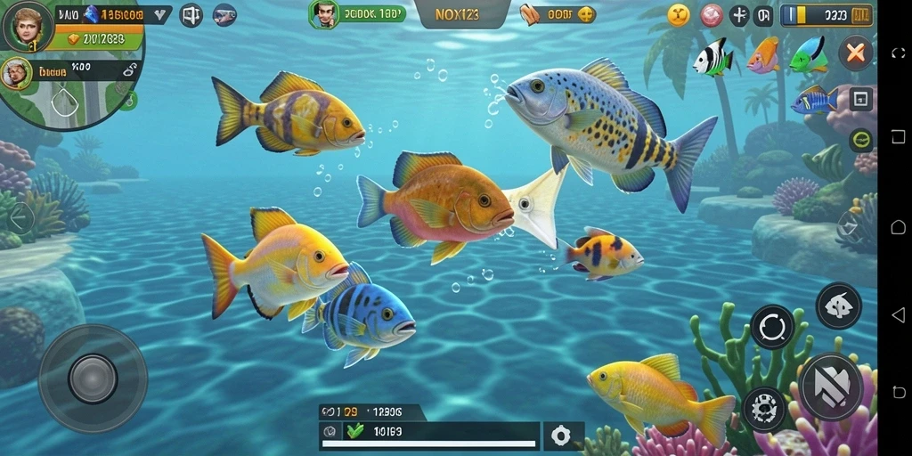 Gameplay seru NOX123 dengan grafis menarik dan ikan yang beragam.