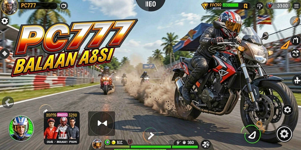 Screenshot PC777 menunjukkan aksi balapan motor yang mendebarkan.