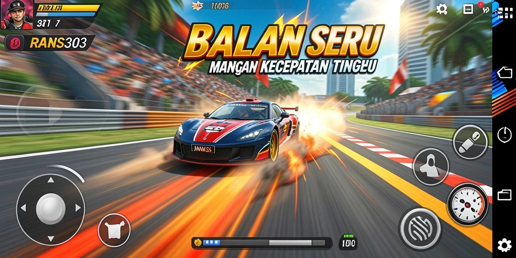 Tampilan gameplay balapan yang mendebarkan dan penuh aksi di RANS303.
